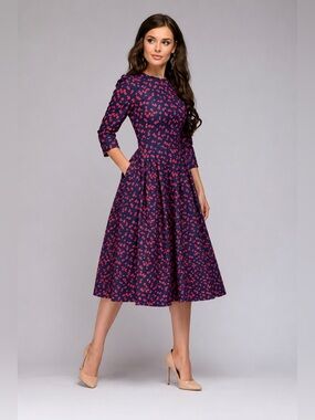 Navy Red Floral Fit & Flare Midi Dress XXL 3/4 Sleeve Pockets Plus